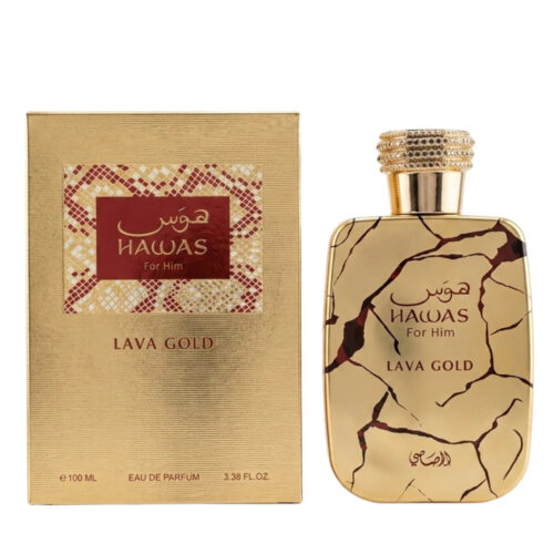 Perfume Hawas Lava Gold By Rasasi Eau de Parfum 100ml em frasco dourado imponente.