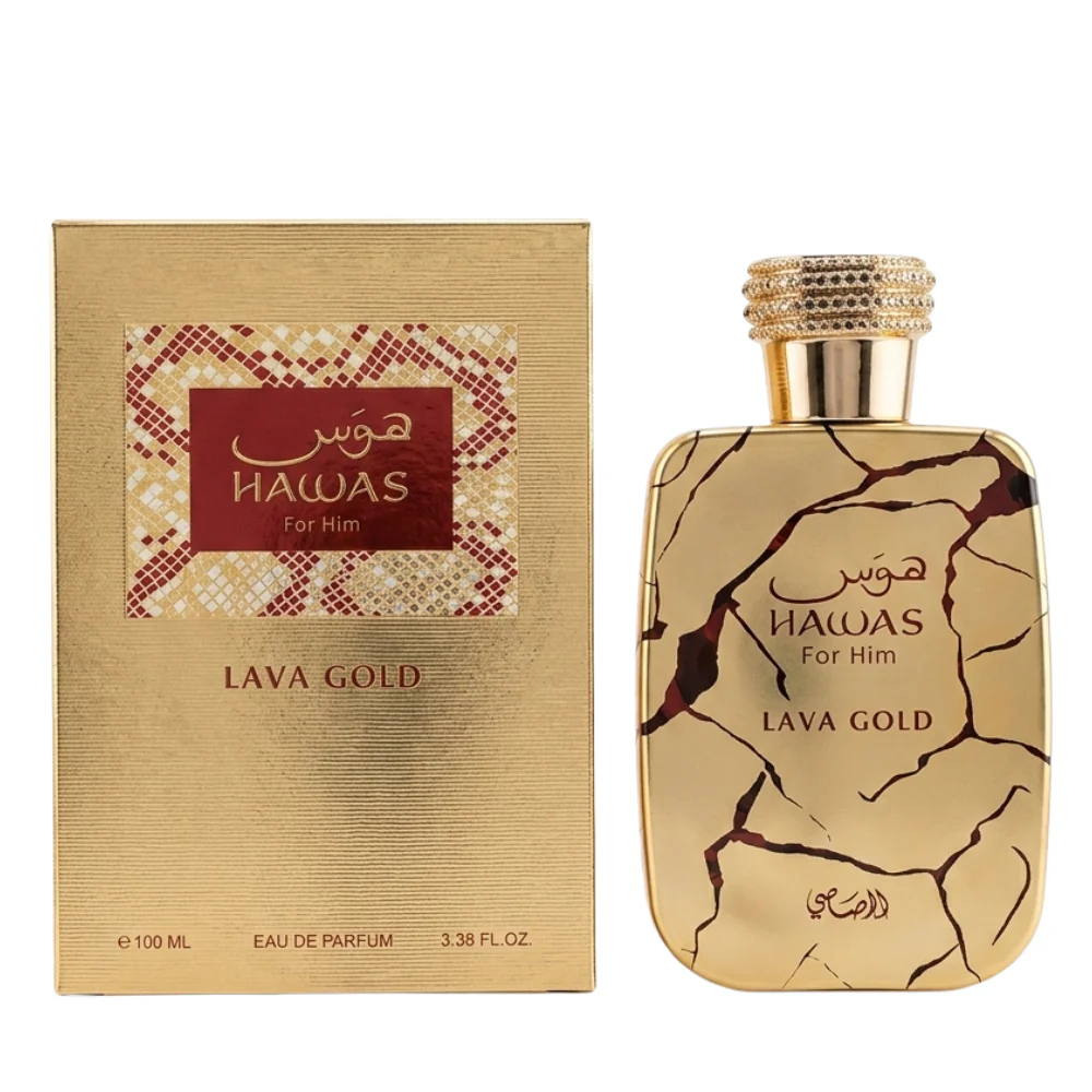 Perfume Hawas Lava Gold By Rasasi Eau de Parfum 100ml em frasco dourado imponente.