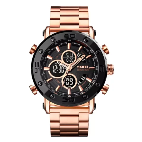 Relogio Masculino Skmei AnaDigi 1636 Rose e Preto de aço com mostrador duplo.